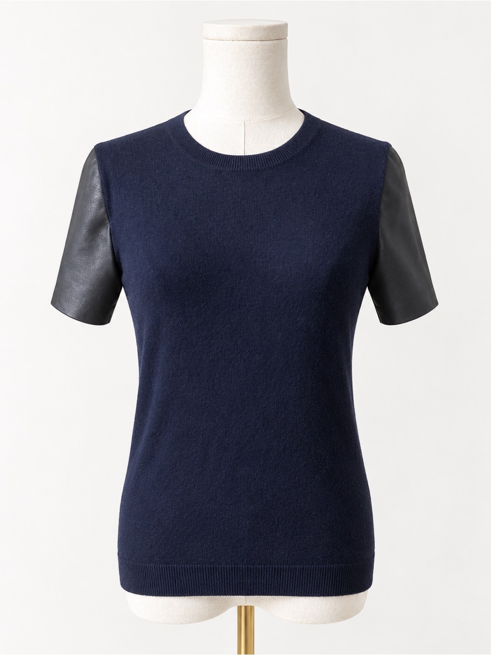 Vince Women Navy Short-Sleeve Mixed-Material Sweater Tee Black Leather Sleeves